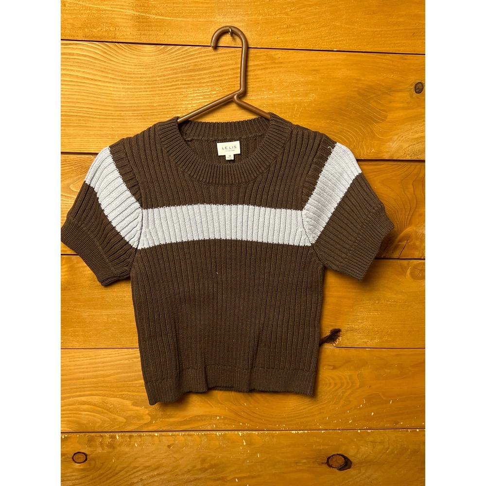 LE LIS COLLECTION Brown Stripe Ribbed Knit Short Sleeve Crop Top Sweater Women M